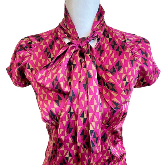 Diane von Furstenberg Pink Laurie Geometric Silk Neck Bow Tie Sheath Dress Sz 2 - Picture 3 of 13